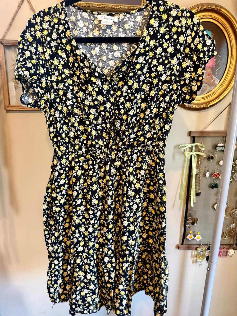 Passport Black Dress with Yellow & White Daisy Print